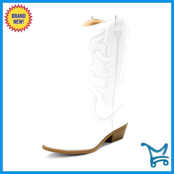 Women's Pull-On Cowboy Boots Mid Calf Western Boots Pointed Toe